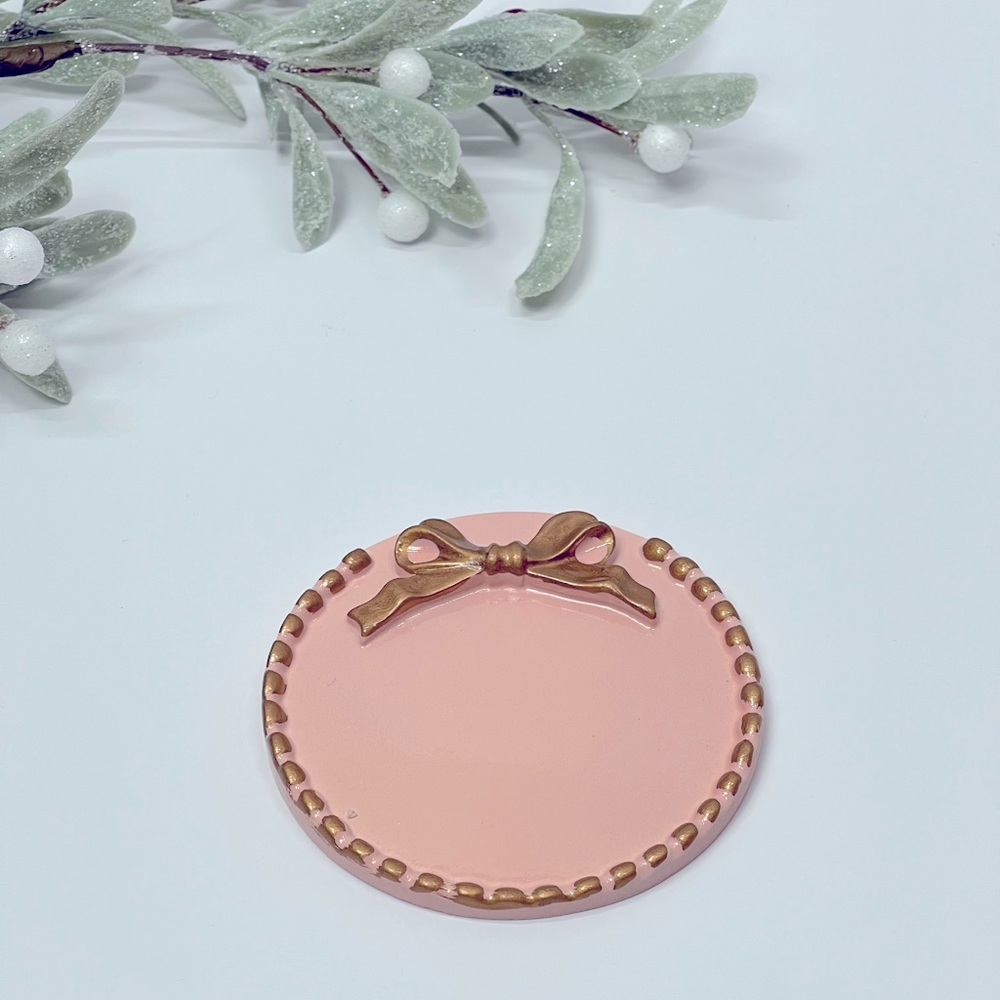 Pink Gold Jewelry Dish Tray Organizer Bow Coquette Aesthetic Rings Holder 1950s